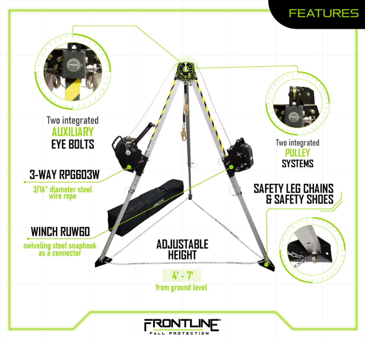 Frontline TAN07RURP MEGApod Confined Space 7' Aluminum Tripod with 60' Winch and 3-Way SRL VM Hardware