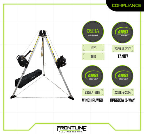 Frontline TAN07RURP MEGApod Confined Space 7' Aluminum Tripod with 60' Winch and 3-Way SRL VM Hardware