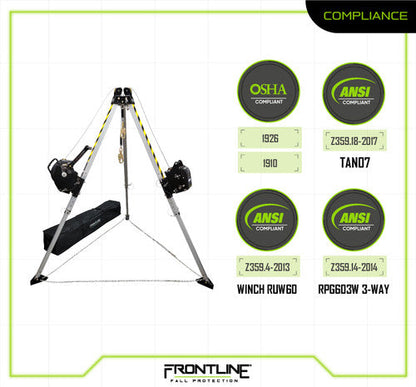 Frontline TAN07RURP MEGApod Confined Space 7' Aluminum Tripod with 60' Winch and 3-Way SRL VM Hardware
