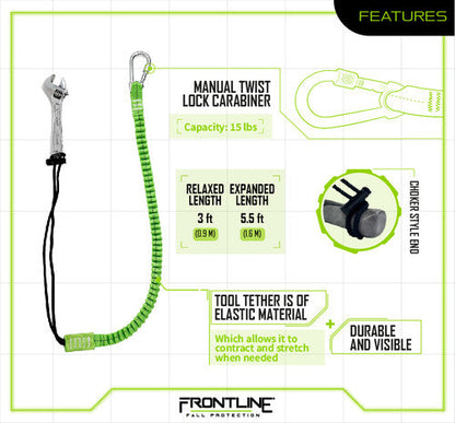 Frontline TLS15 ToolGrip Elastic Tool Tether 15 lbs with Steel Turn Lock Carabiner VM Hardware