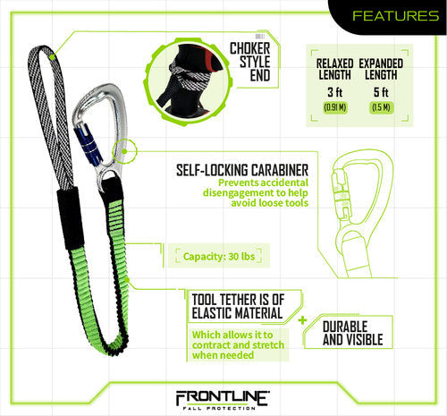 Frontline TLS30 ToolGrip Elastic Tool Tether 30 lbs with Self-locking Aluminum Carabiner VM Hardware