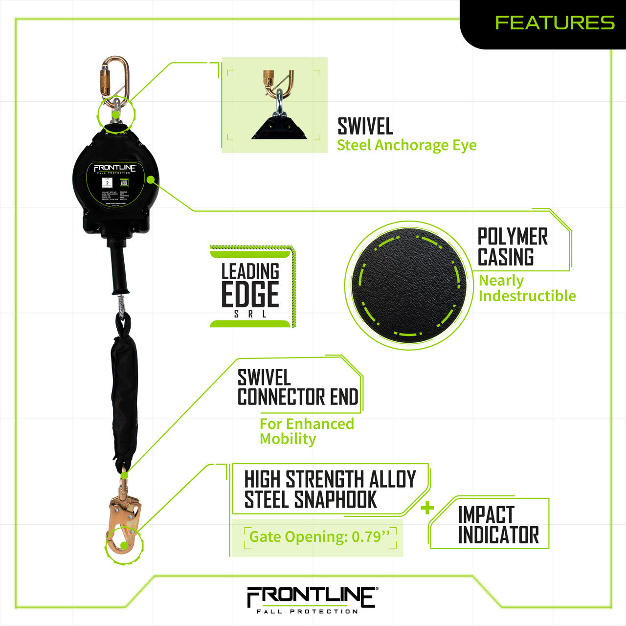 Frontline RPG25LE Leading Edge Cable Single Leg SRL with Steel Snap Hook End VM Hardware