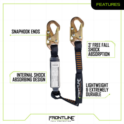 Frontline LIS31S Combat 3' Single Leg Snaphook Lanyard with Internal Shock Absorber VM Hardware