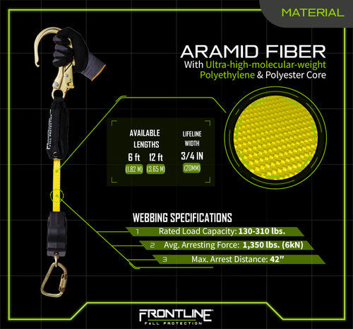 Frontline RPA061S 6' Aramid Fiber Web Single Leg SRL with Steel Snap Hook End VM Hardware