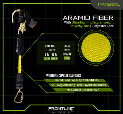 Frontline RPA061S 6' Aramid Fiber Web Single Leg SRL with Steel Snap Hook End VM Hardware