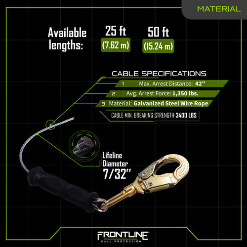 Frontline RPG25LE Leading Edge Cable Single Leg SRL with Steel Snap Hook End VM Hardware