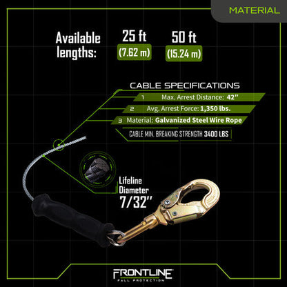 Frontline RPG25LE Leading Edge Cable Single Leg SRL with Steel Snap Hook End VM Hardware