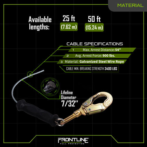 Frontline RPGCLE Leading Edge Cable Single Leg SRL with Steel Snap Hook End with Carry on Handle and Tagline 50' VM Hardware