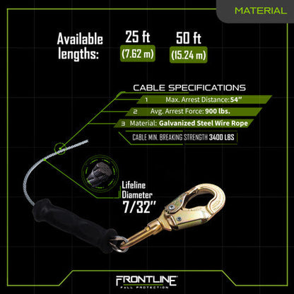 Frontline RPGCLE Leading Edge Cable Single Leg SRL with Steel Snap Hook End with Carry on Handle and Tagline VM Hardware