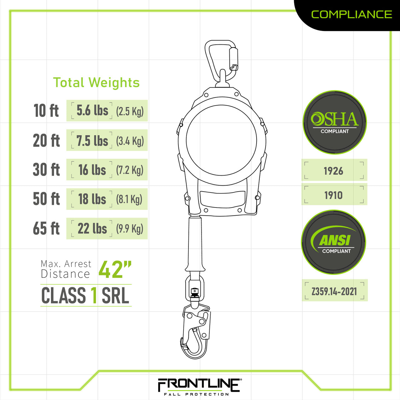 Frontline RPG20 20' Cable Single Leg SRL with Steel Snap Hook End with Carry on Handle and Tagline VM Hardware