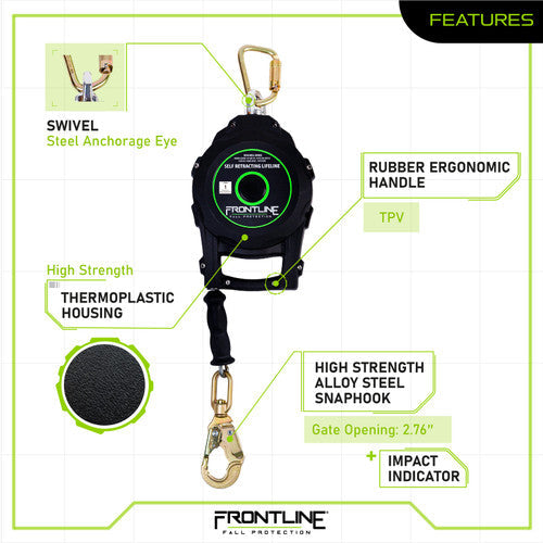 Frontline RPG10 10' Cable Single Leg SRL with Steel Snap Hook End with Carry on Handle and Tagline VM Hardware