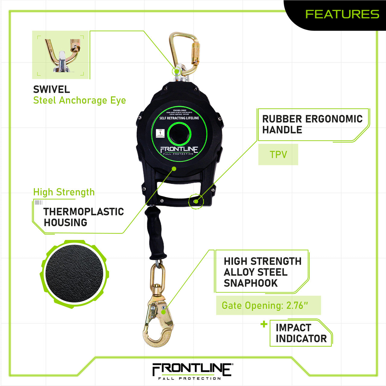 Frontline RPG20 20' Cable Single Leg SRL with Steel Snap Hook End with Carry on Handle and Tagline VM Hardware