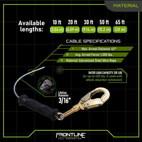 Frontline RPG10 10' Cable Single Leg SRL with Steel Snap Hook End with Carry on Handle and Tagline VM Hardware