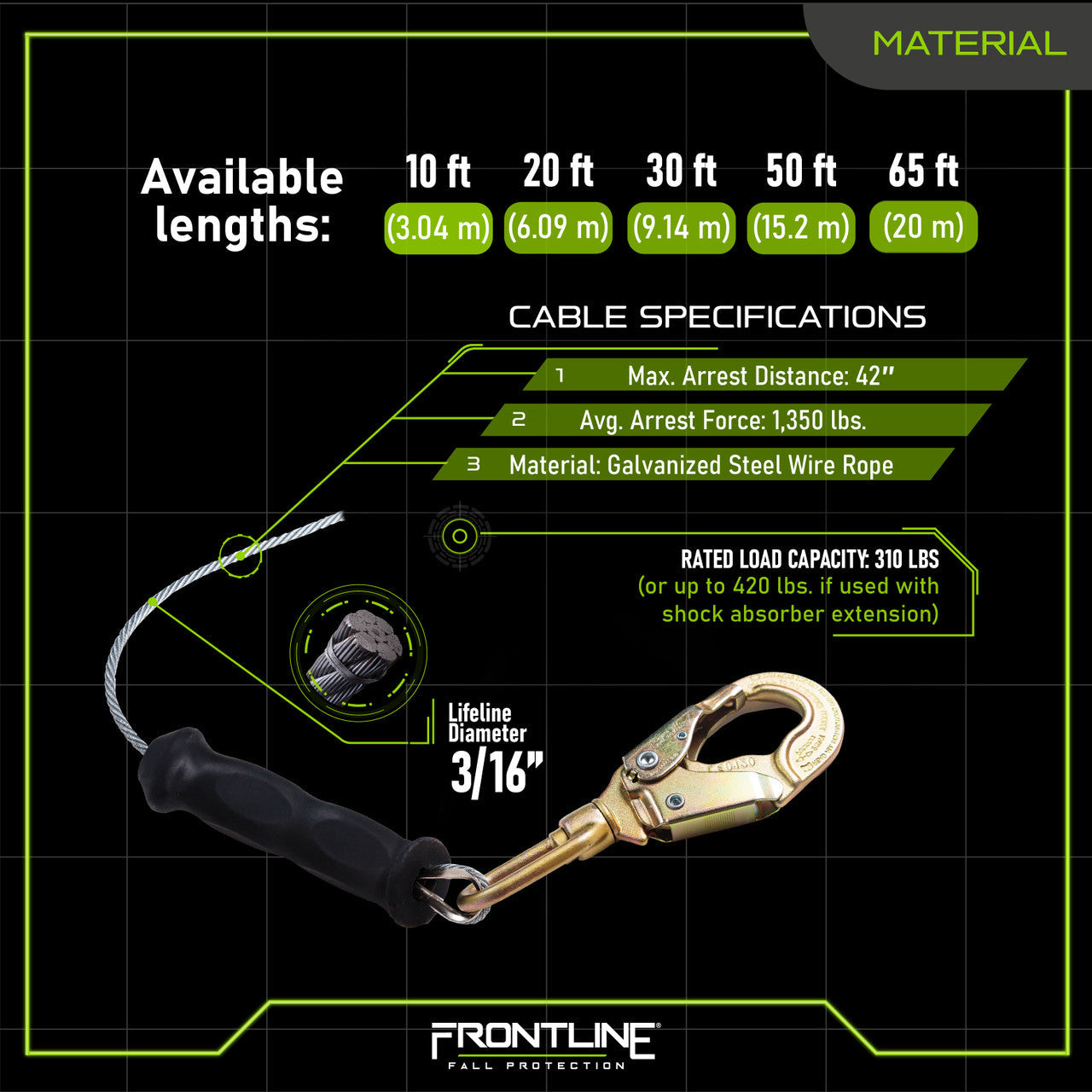 Frontline RPG20 20' Cable Single Leg SRL with Steel Snap Hook End with Carry on Handle and Tagline VM Hardware