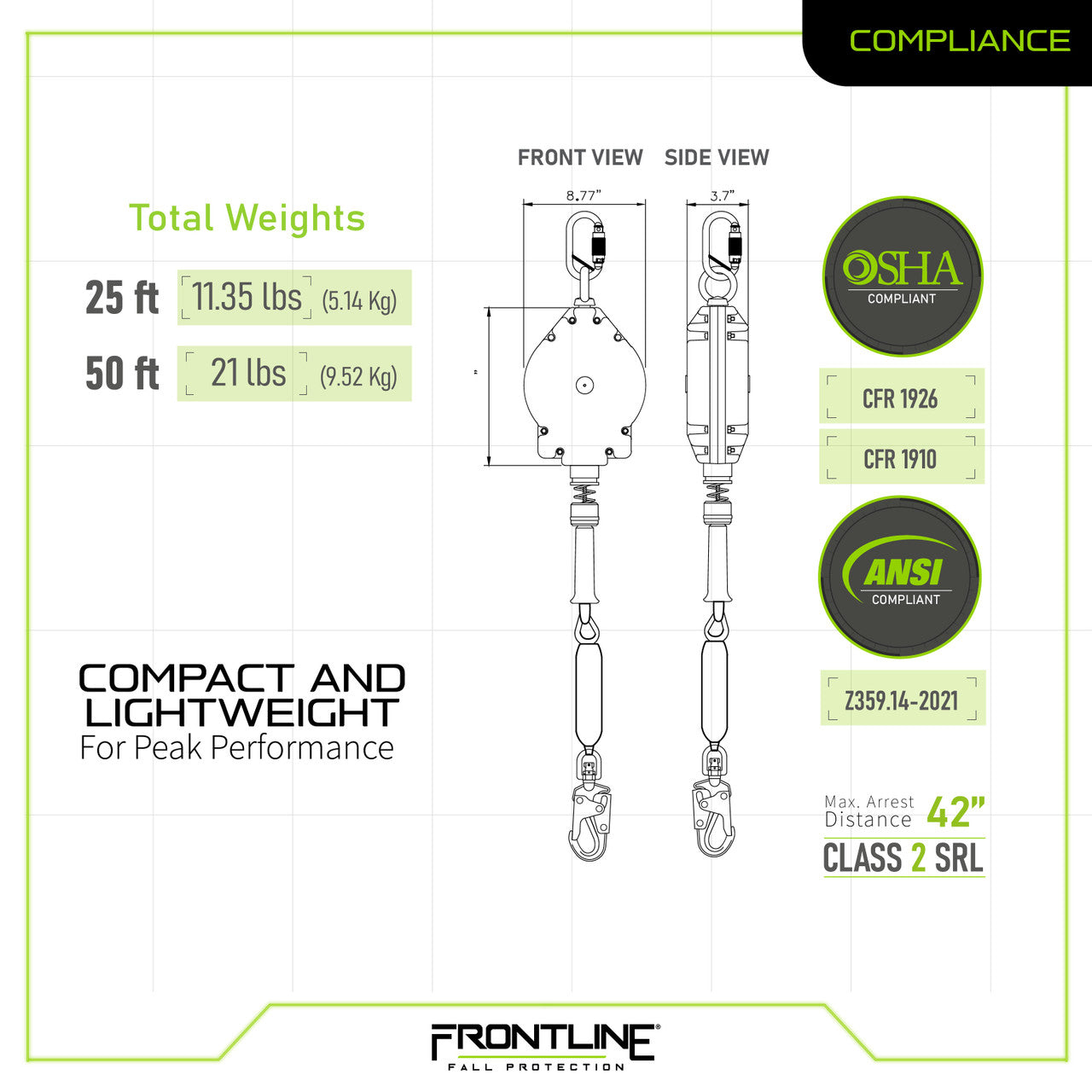 Frontline RPG25LE Leading Edge Cable Single Leg SRL with Steel Snap Hook End VM Hardware