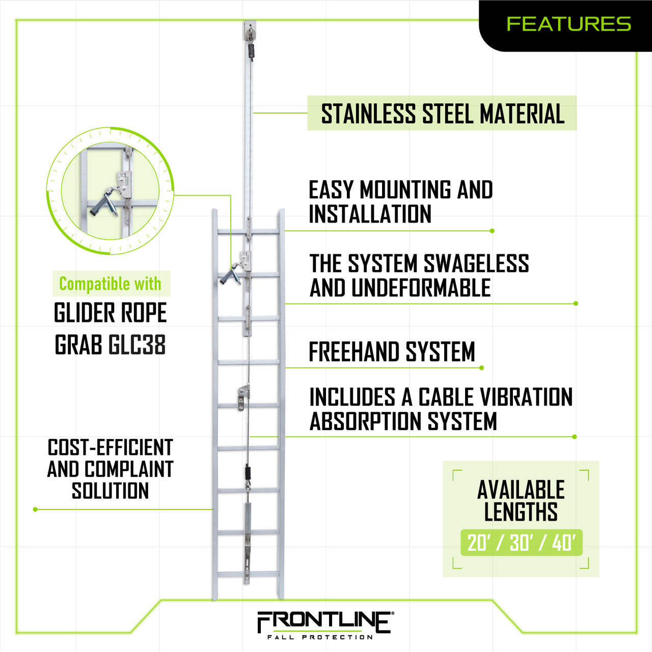 Frontline VLCS Ladder Cable Vertical Lifeline System (Stainless Steel) 20' VM Hardware