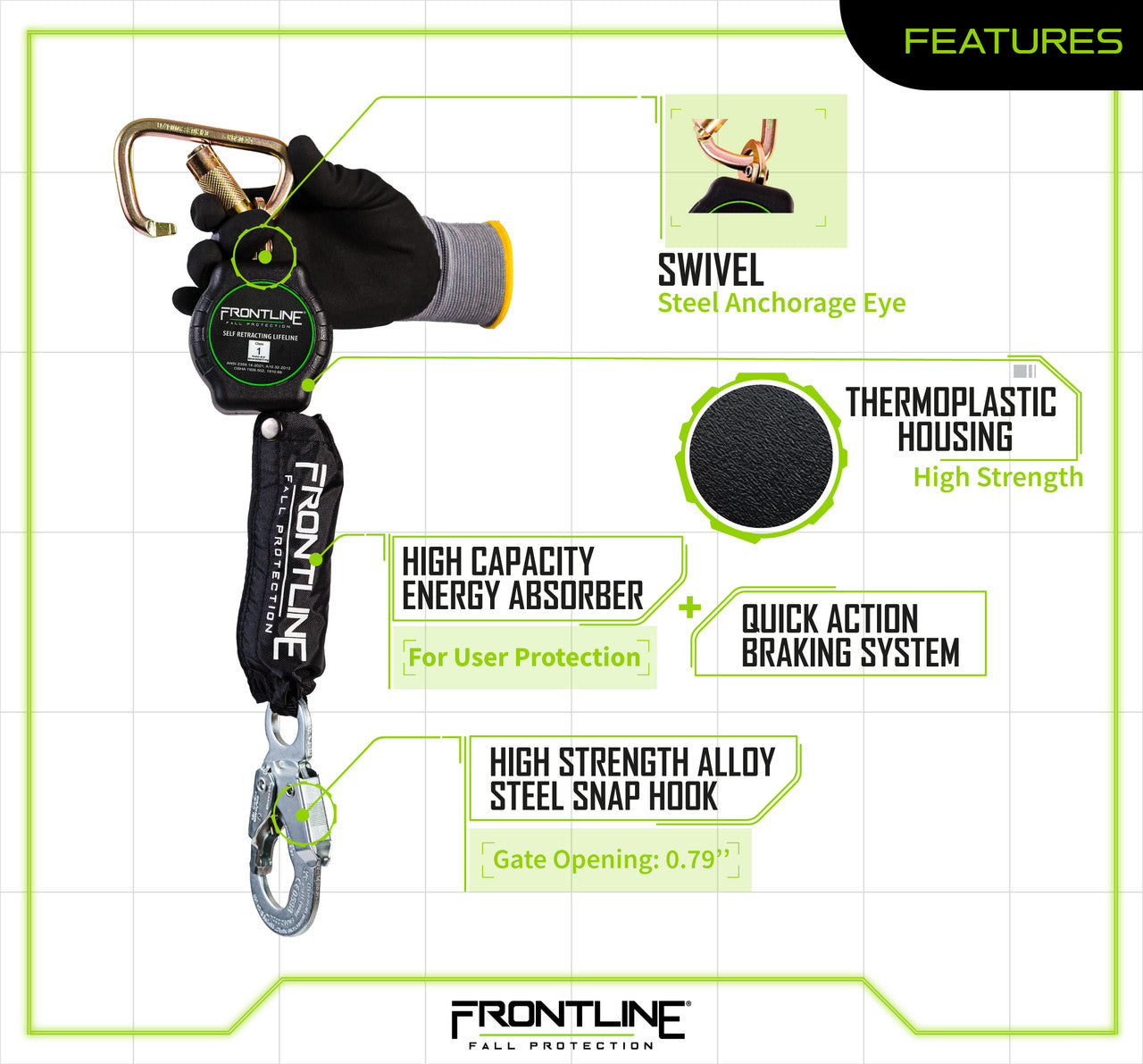 Frontline RPA12S Aramid Fiber Web Single Leg SRL with Steel Snap Hook End VM Hardware