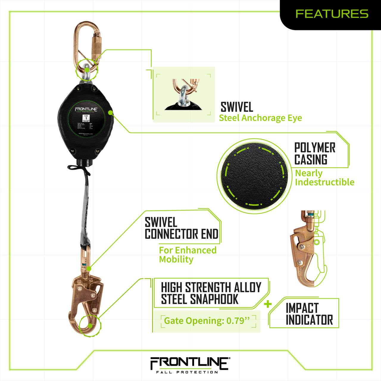 Frontline RPW 11' Web Single Leg SRL with Steel Snap Hook End VM Hardware