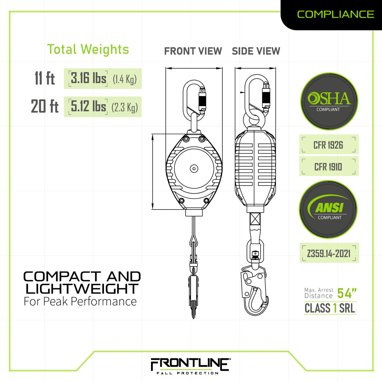 Frontline RPW 11' Web Single Leg SRL with Steel Snap Hook End VM Hardware