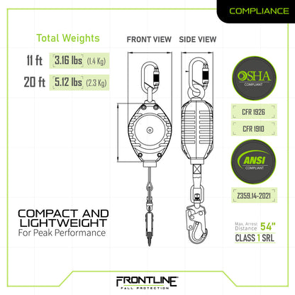 Frontline RPW 11' Web Single Leg SRL with Steel Snap Hook End VM Hardware