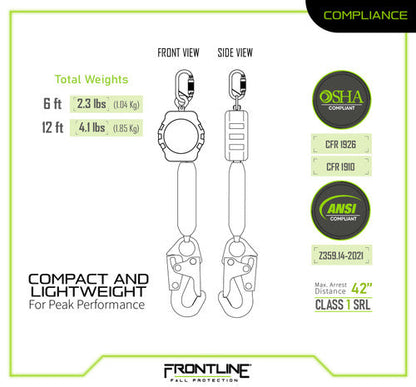 Frontline RPA061S 6' Aramid Fiber Web Single Leg SRL with Steel Snap Hook End VM Hardware