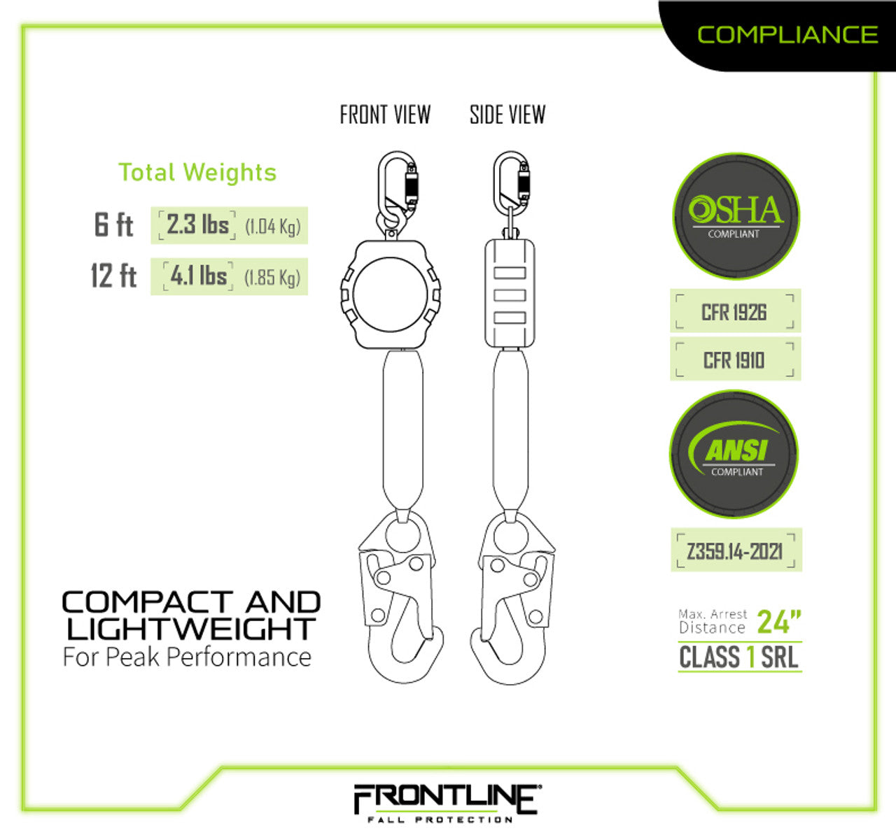 Frontline RPA12S Aramid Fiber Web Single Leg SRL with Steel Snap Hook End VM Hardware