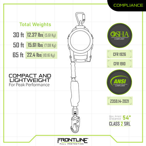 Frontline RPGCLE Leading Edge Cable Single Leg SRL with Steel Snap Hook End with Carry on Handle and Tagline 50' VM Hardware