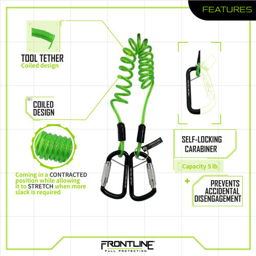 Frontline TLC05 ToolGrip Coil Tool Tether 5 lbs with Double Self-locking Aluminum Carabiner VM Hardware