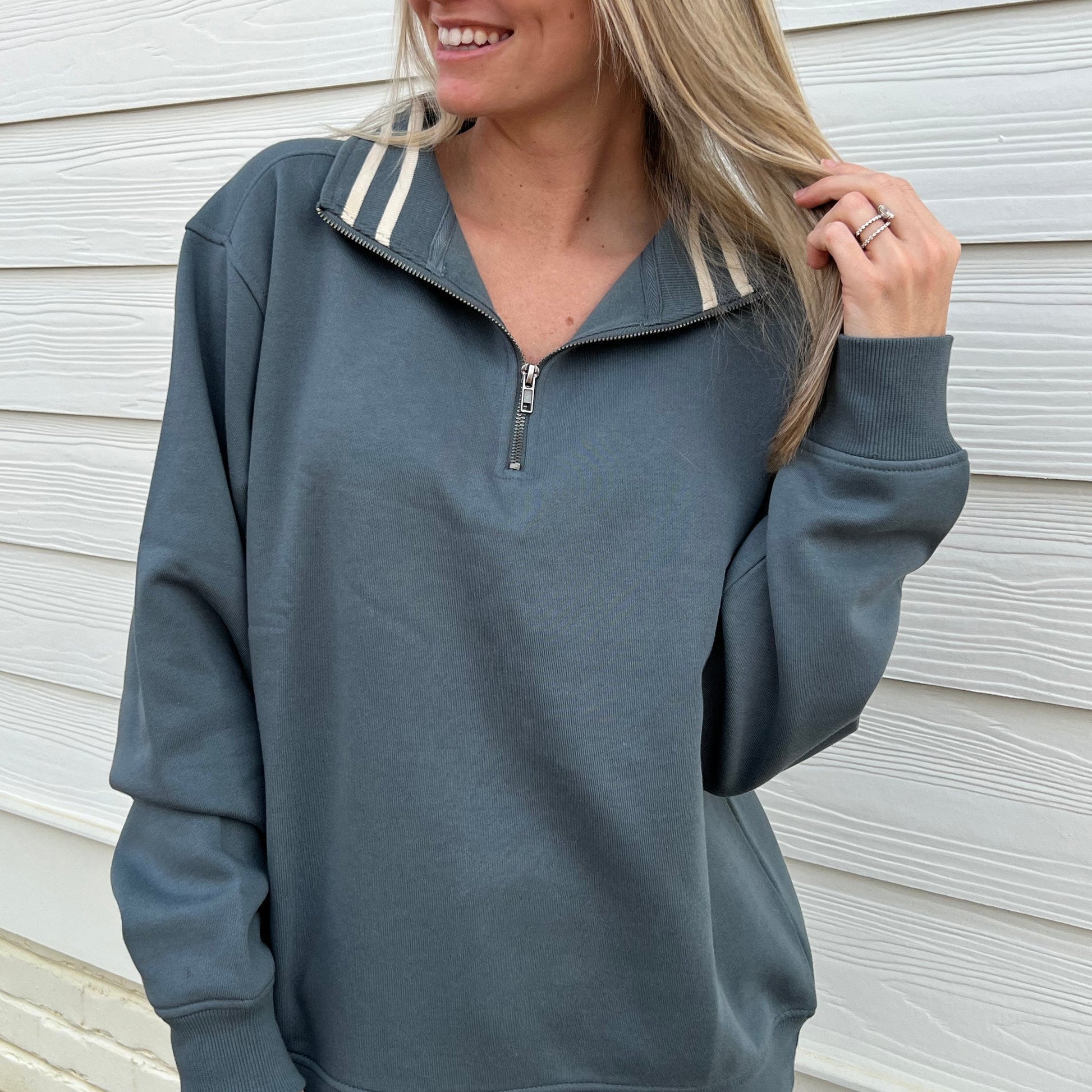 Still Water/Tapioca Stripe Quarter Zip Pullover Ivy + Cloth