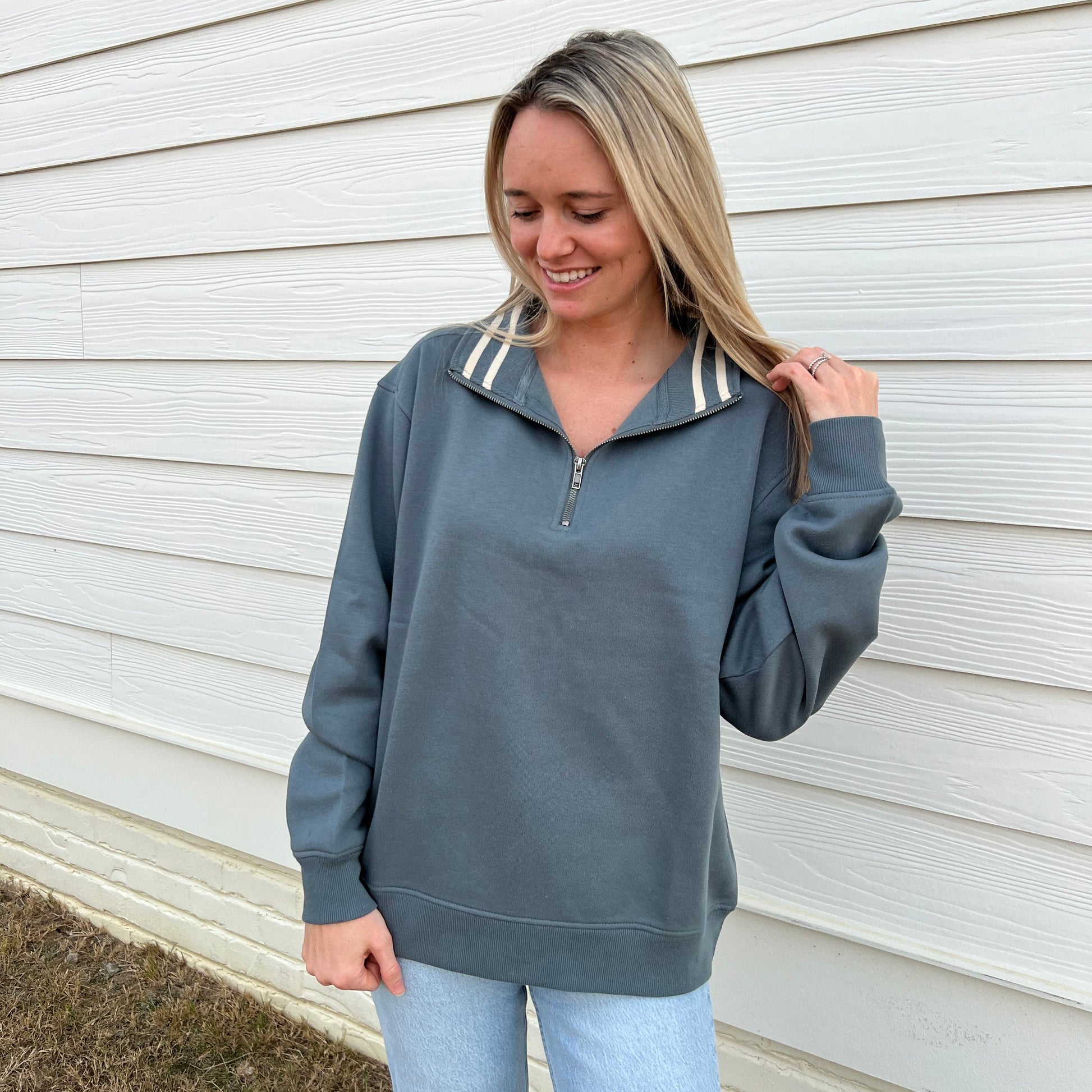 Still Water/Tapioca Stripe Quarter Zip Pullover Ivy + Cloth