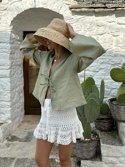 Street Lace Up Shirts Women Sexy Hollow Out V Neck Long Sleeve Femlae T-shirt