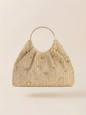 Artisanal Studded Handwoven Raffia Bag with Sculptural Gold Ring Handle