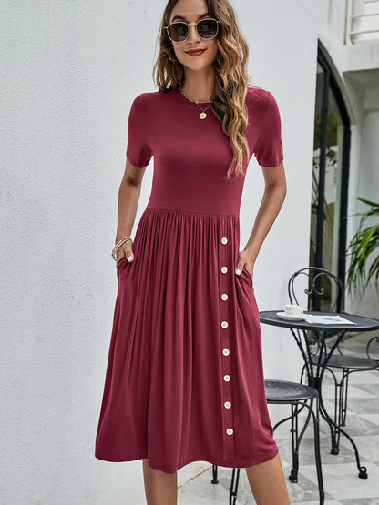Solid Color Button Pocket Casual Women's Dress