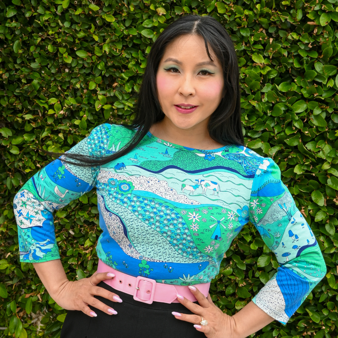 Landscape Print 3/4 Sleeve Tee in Cool Tones Blue Platypus Clothing