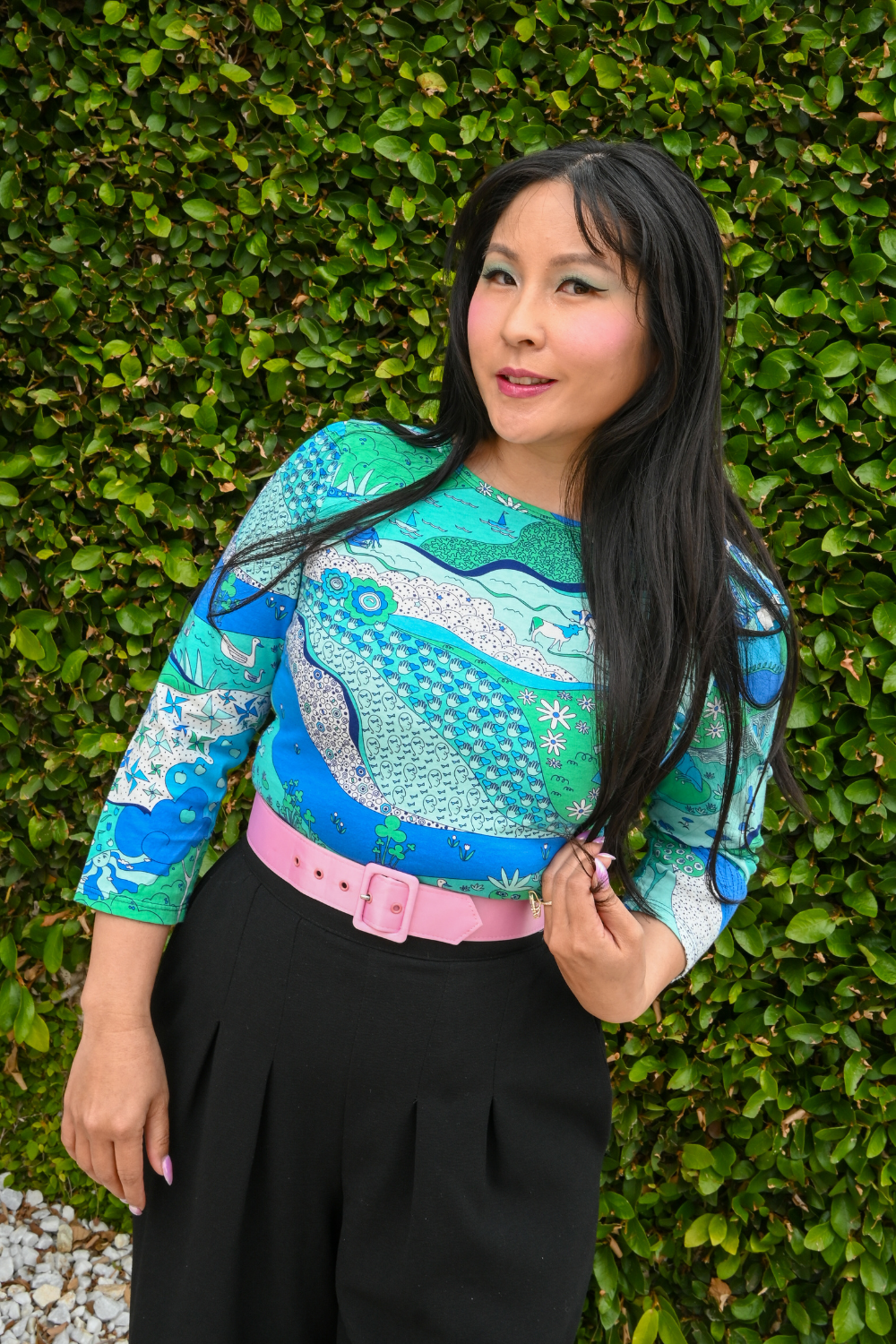 Landscape Print 3/4 Sleeve Tee in Cool Tones Blue Platypus Clothing
