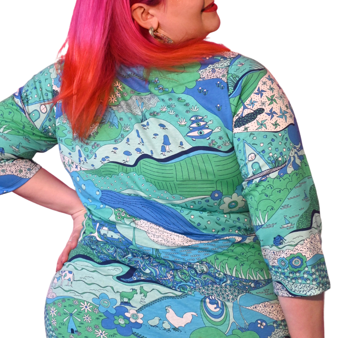 Landscape Print 3/4 Sleeve Tee in Cool Tones Blue Platypus Clothing