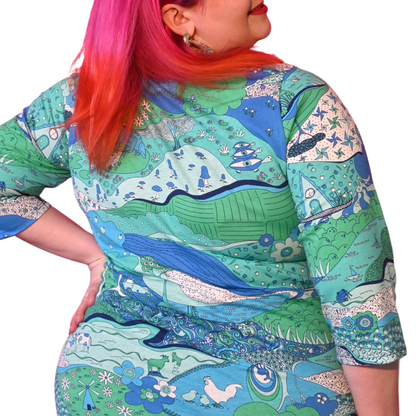 Landscape Print 3/4 Sleeve Tee in Cool Tones Blue Platypus Clothing