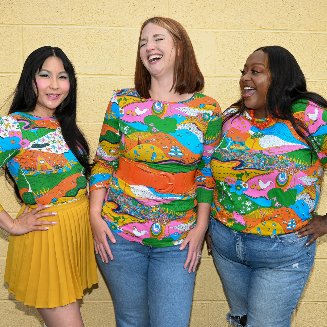 Landscape Print 3/4 Sleeve Tee in Rainbow Farm Blue Platypus Clothing