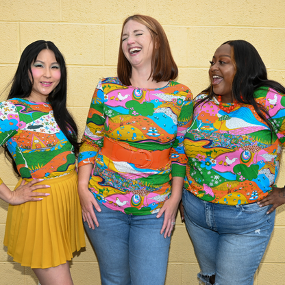 Landscape Print 3/4 Sleeve Tee in Rainbow Farm Blue Platypus Clothing