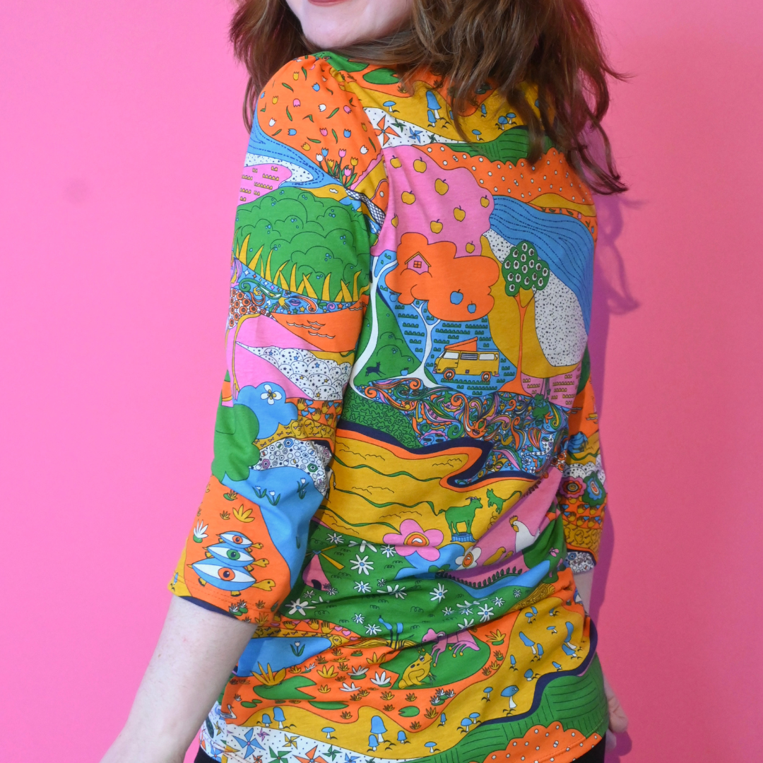 Landscape Print 3/4 Sleeve Tee in Rainbow Farm Blue Platypus Clothing