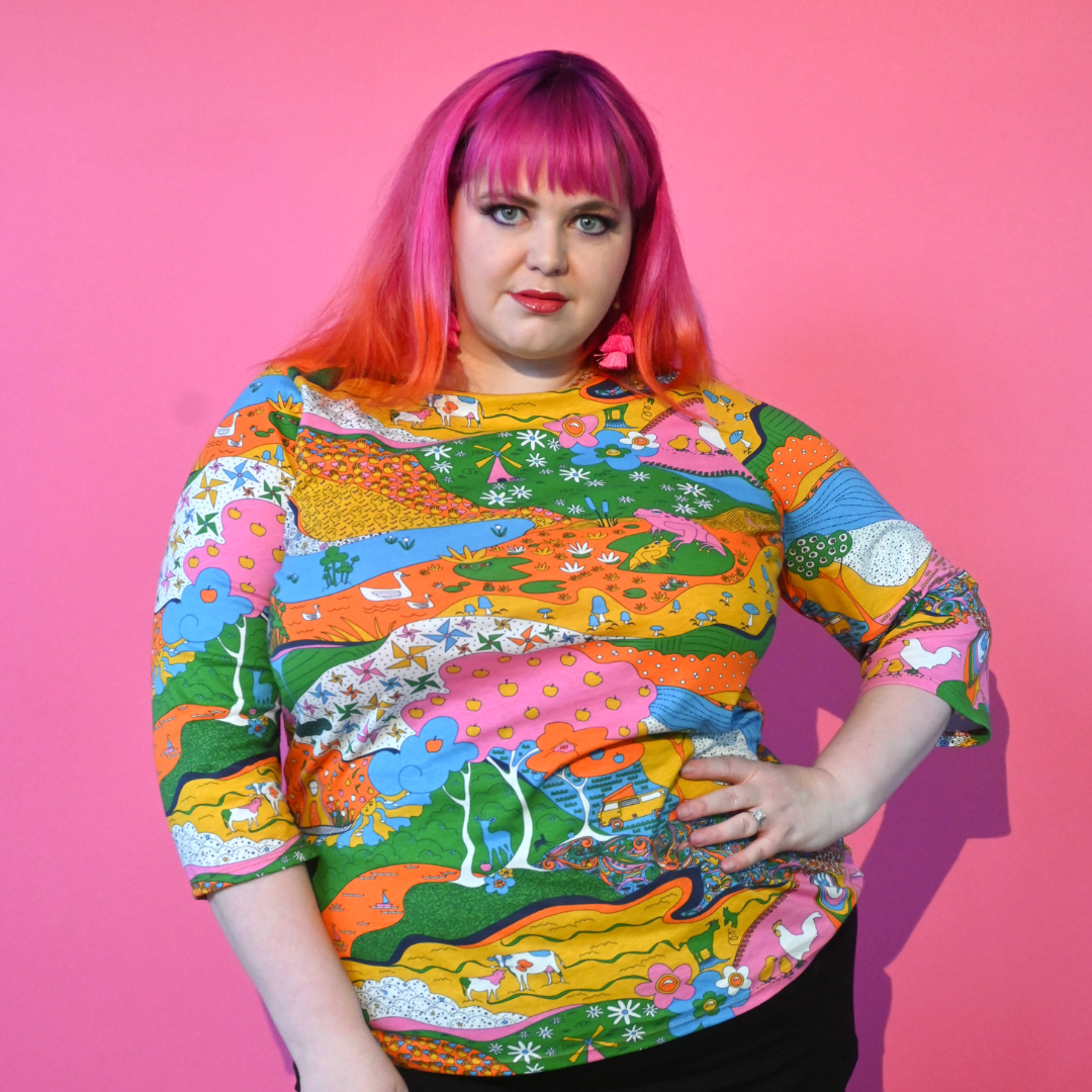 Landscape Print 3/4 Sleeve Tee in Rainbow Farm Blue Platypus Clothing