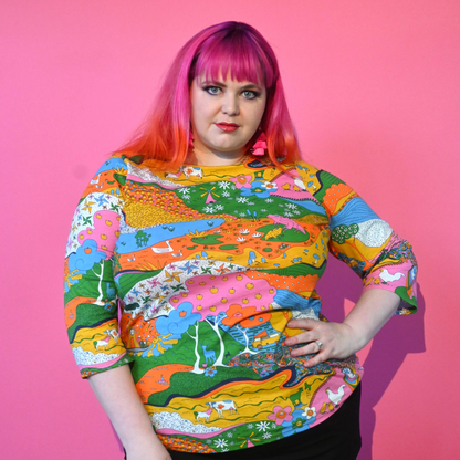 Landscape Print 3/4 Sleeve Tee in Rainbow Farm Blue Platypus Clothing