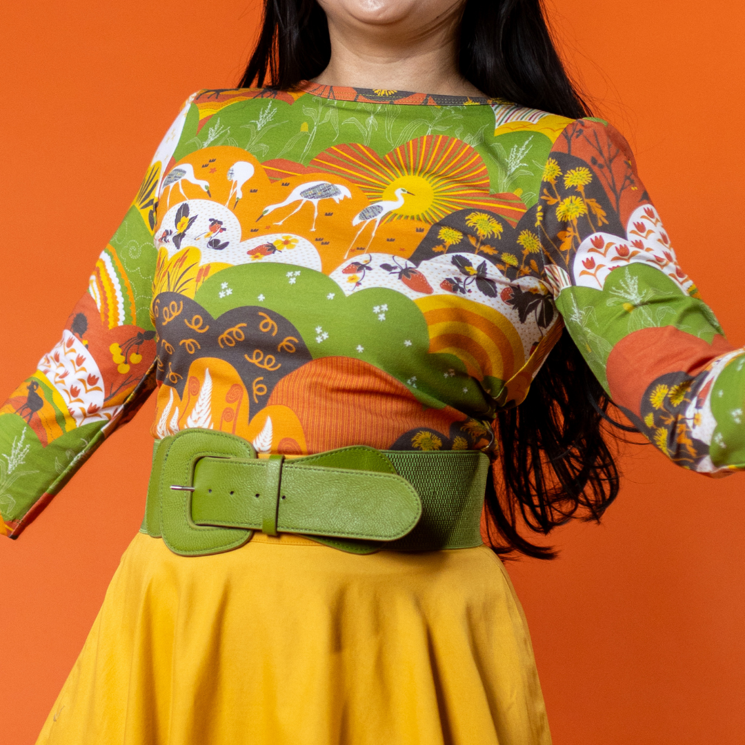 Earth-toned Meadow Print 3/4 Sleeve Tee Blue Platypus Clothing