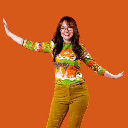 Earth-toned Meadow Print 3/4 Sleeve Tee Blue Platypus Clothing