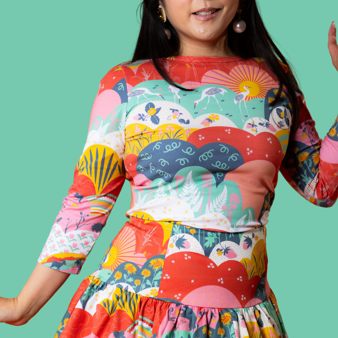 Mint & Strawberry Meadow Print 3/4 Sleeve Tee Blue Platypus Clothing