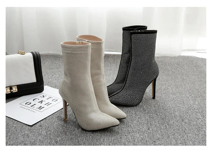 Rhinestone High Heel Boots with Pointed Toe