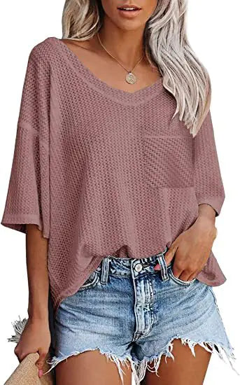 V-neck Summer Short Sleeve Green Shirts for Women