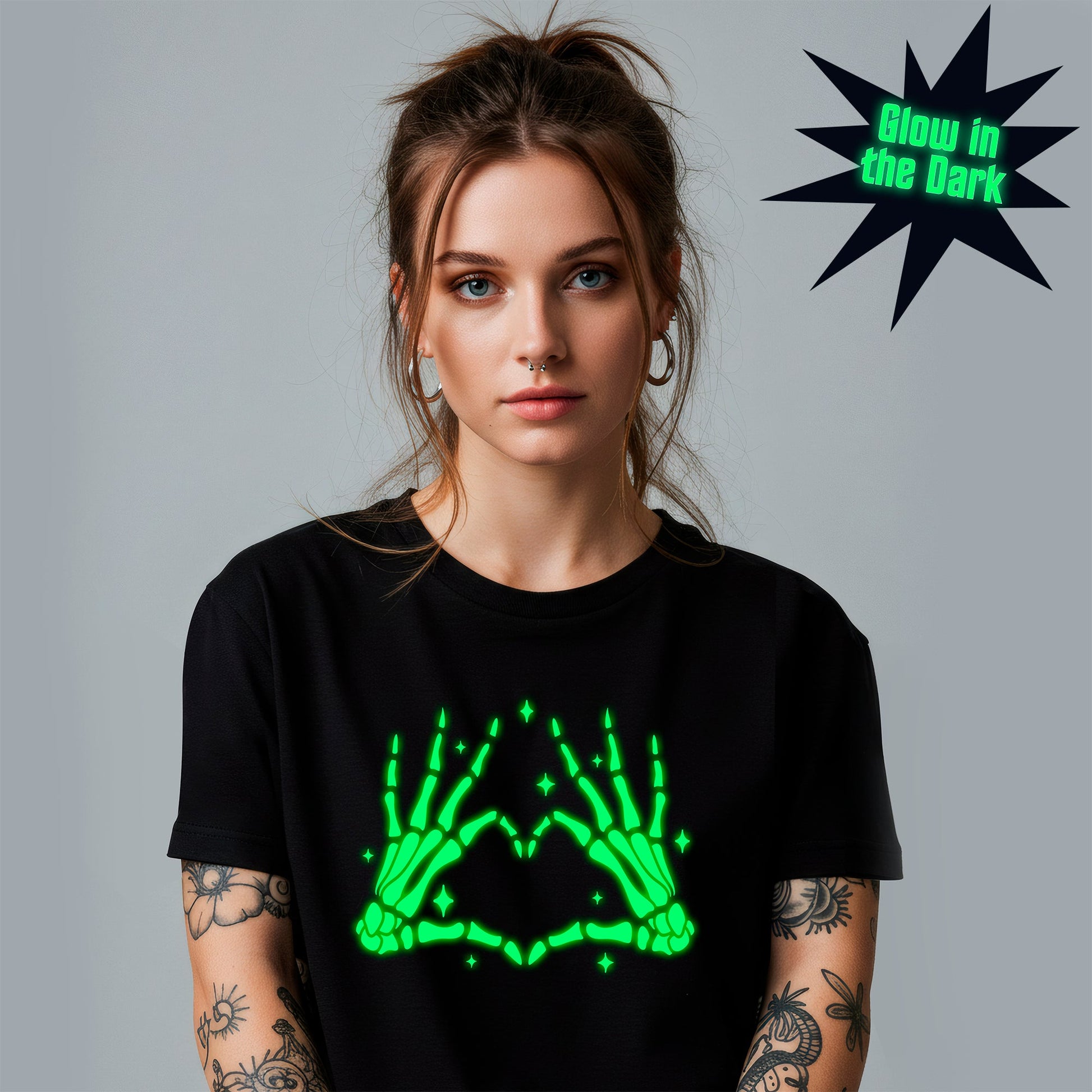 Glow in the Dark Dead Inside Heart Skeleton Hands Black Tee Shirt BodyCandy