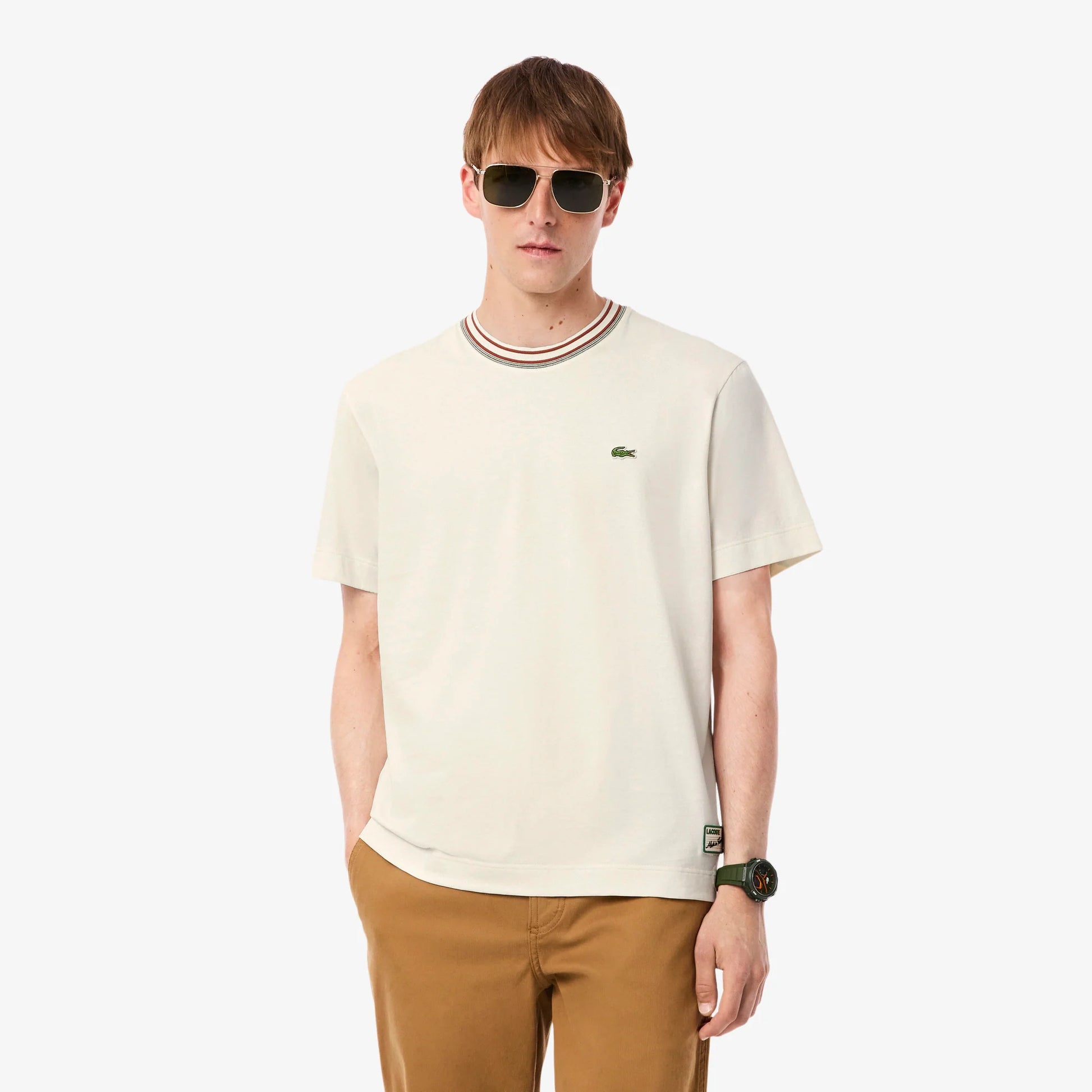 Lacoste Made in France Stripe Neck Tee - Cream Denim Exchange