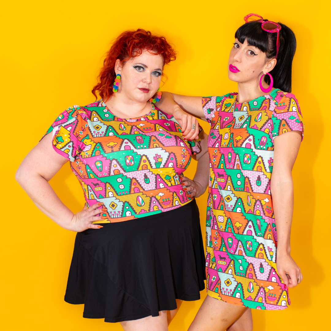 8-Bit A-Frames Cropped Tulip Sleeve in Bright Day Blue Platypus Clothing